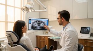 A patient consulting with a dentist in a modern dental office