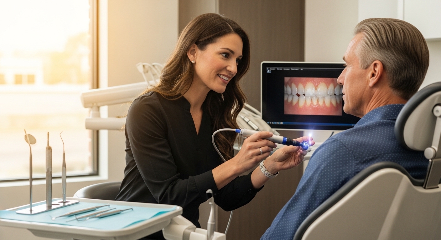 Dentist consulting with a patient in a clean, modern dental office