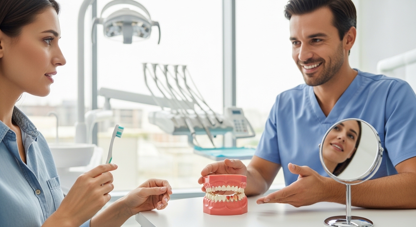 Dentist discussing gum health with a patient in a dental office.