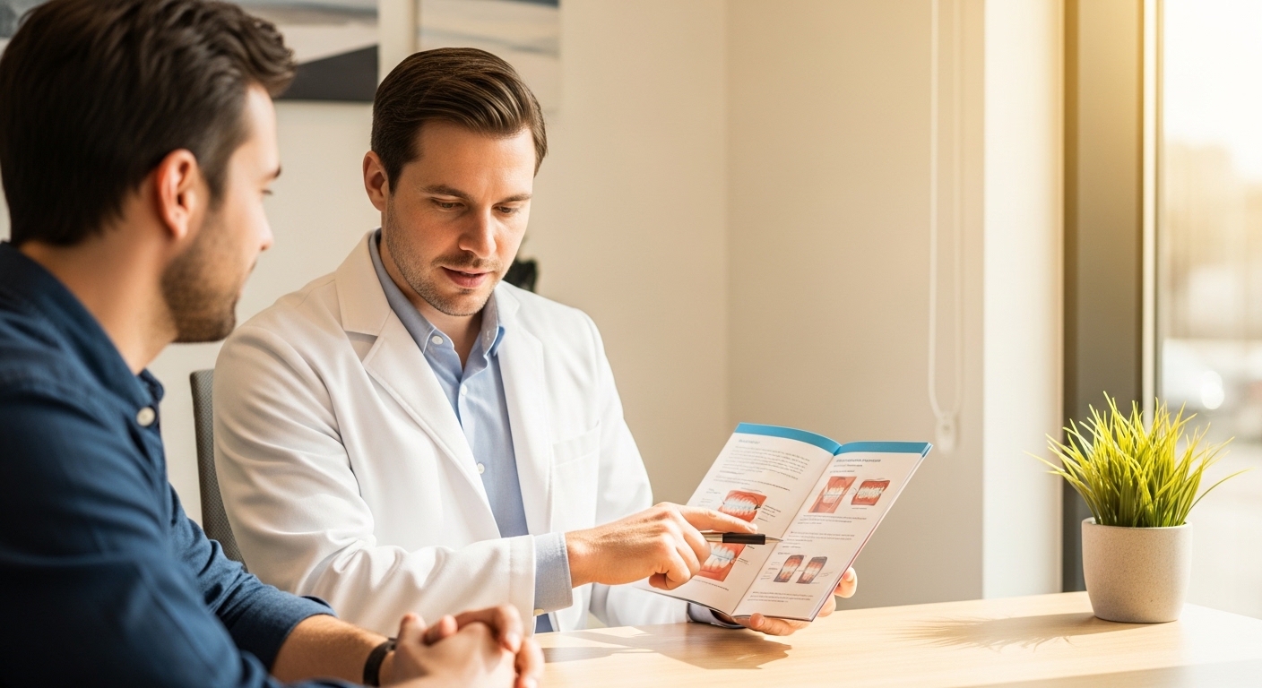 Dentist discussing treatment options with a patient in a modern consultation room.