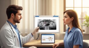 Dentist explaining treatment options to a patient in a modern dental office